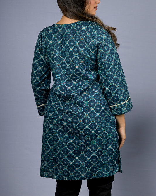 Women Teal Geometric Floral Printed Kurti