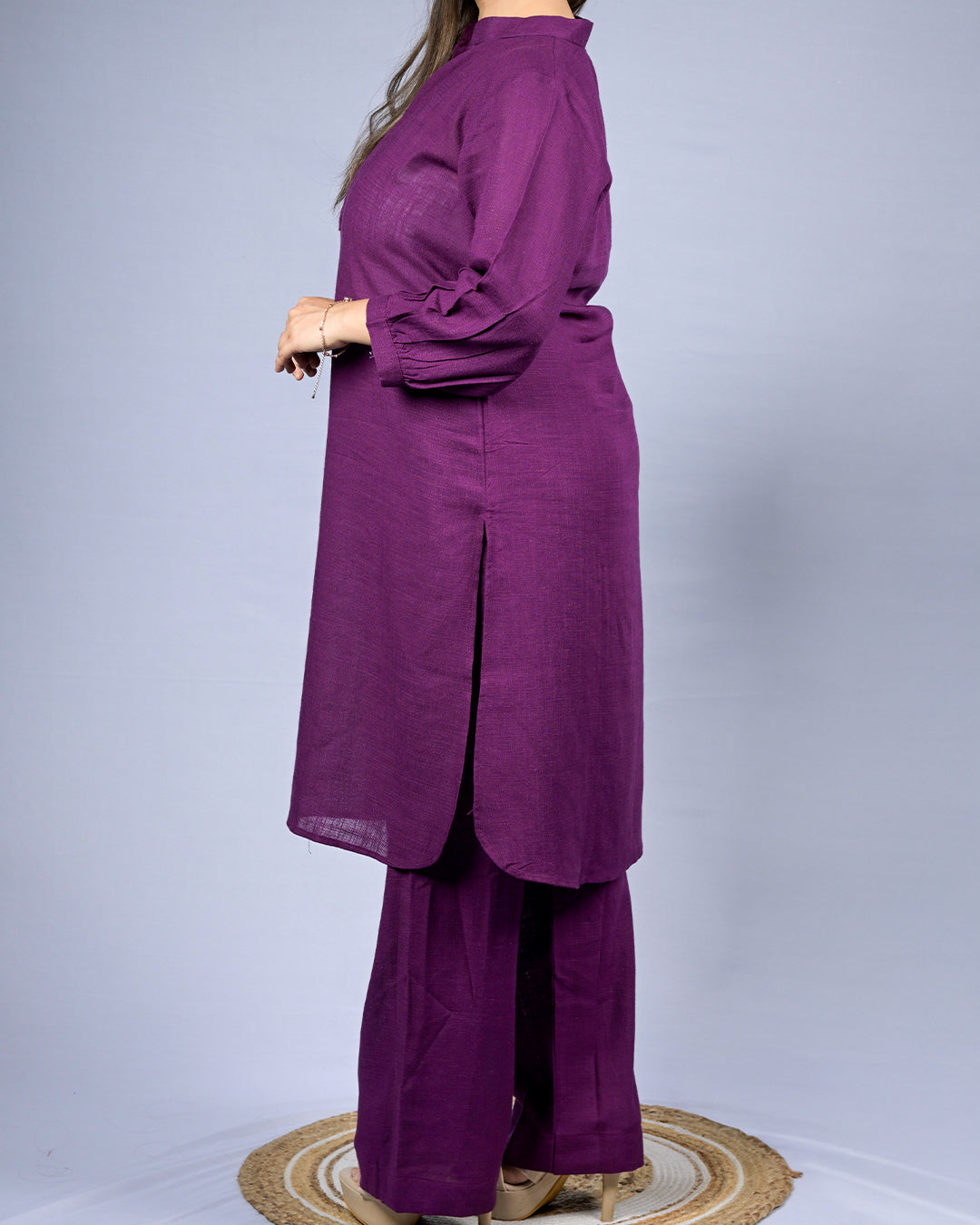 Women Solid Purple Mandarin Collar Coord Set
