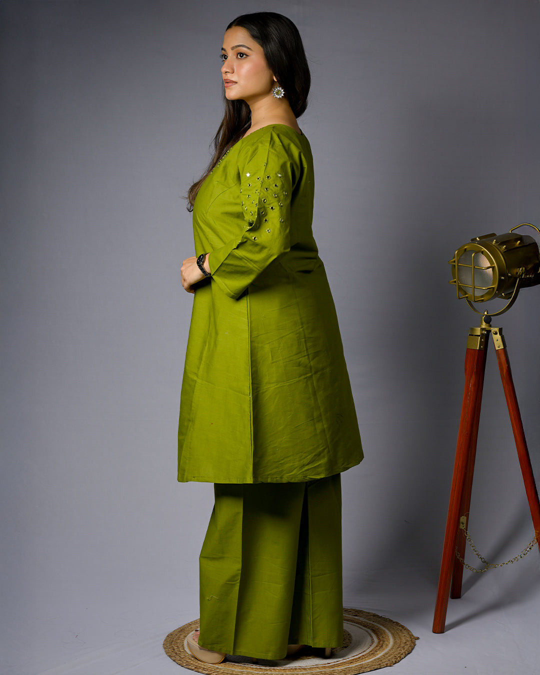 Women Lime Green Mirror Work Kurti Pant Set
