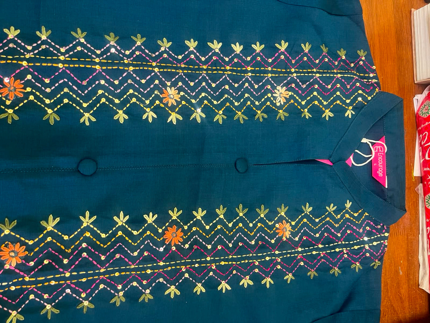 Women Teal Embroidered Ethnic Kurti