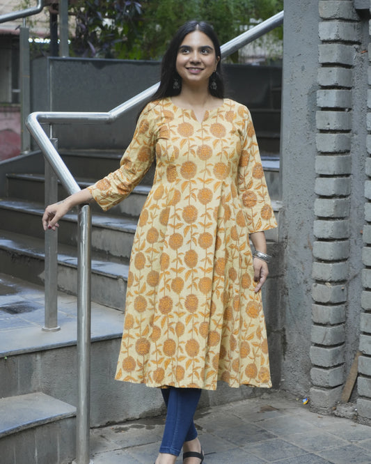 Womenβs Mustard Floral Printed A-line Kurti - Kurti