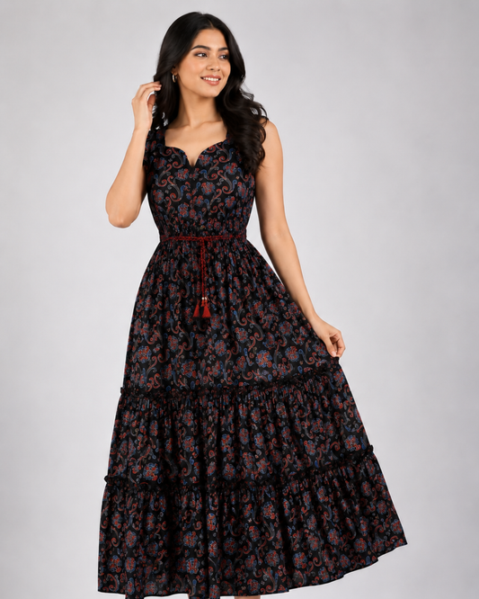 Women Black Floral Printed Tiered Maxi Dress