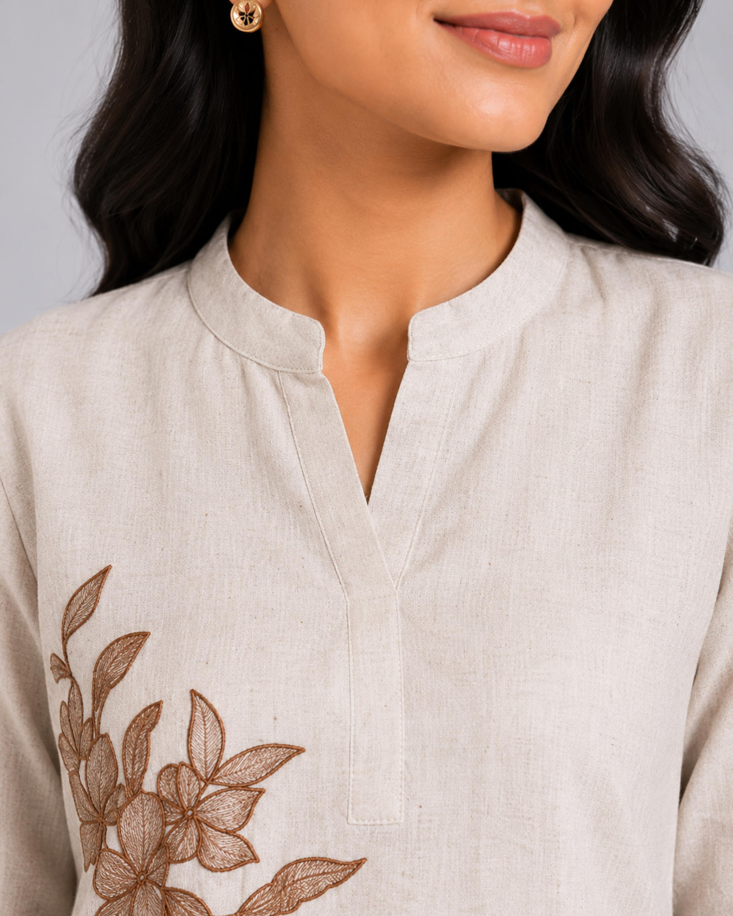 Women Beige Floral Embroidered Kurti with Pants Set