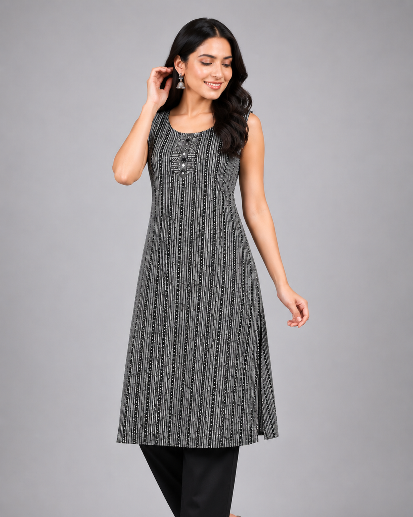Women Black & White Printed Straight Kurti