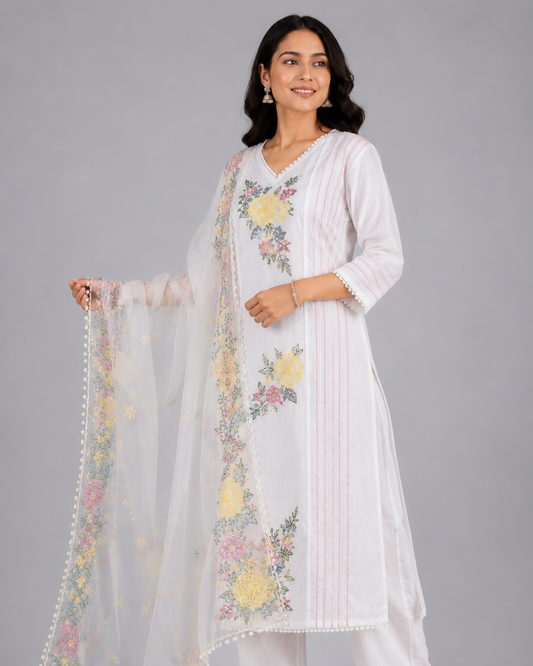 Women Floral Threadwork Kurti Pant Set