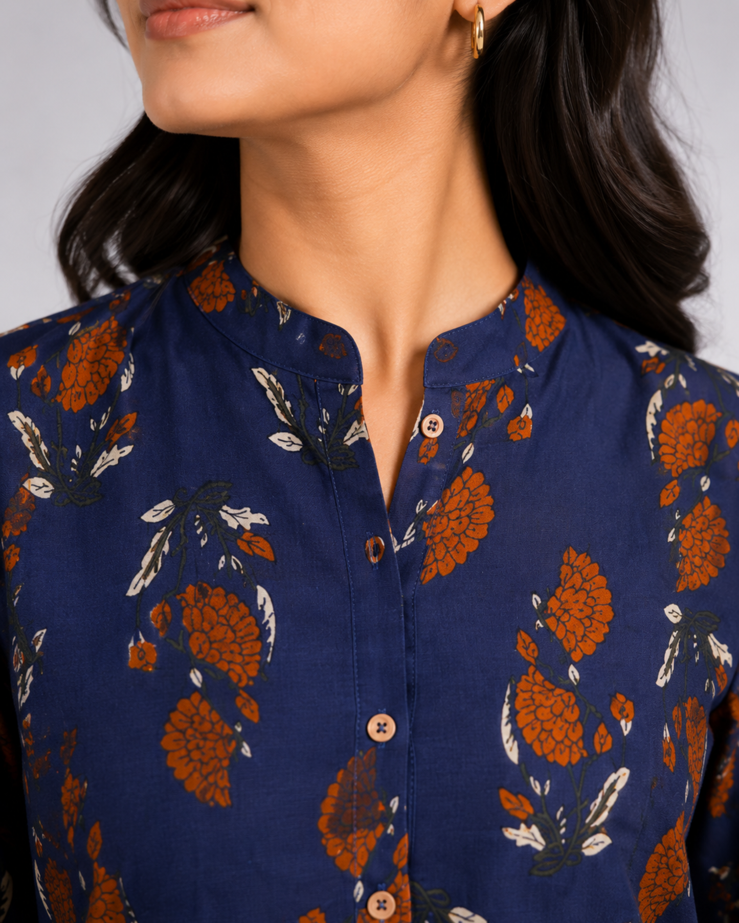 Women Navy Blue Floral Printed Straight Kurti