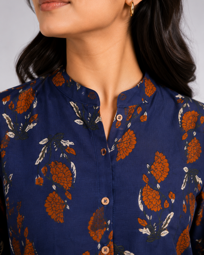 Women Navy Blue Floral Printed Straight Kurti