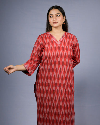Women Rust Red Ikat Print Kurti