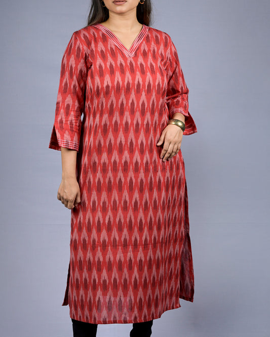 Women Rust Red Ikat Print Kurti