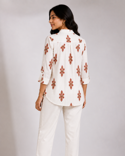 Women Off White Floral Printed Shirt Kurti with Pants