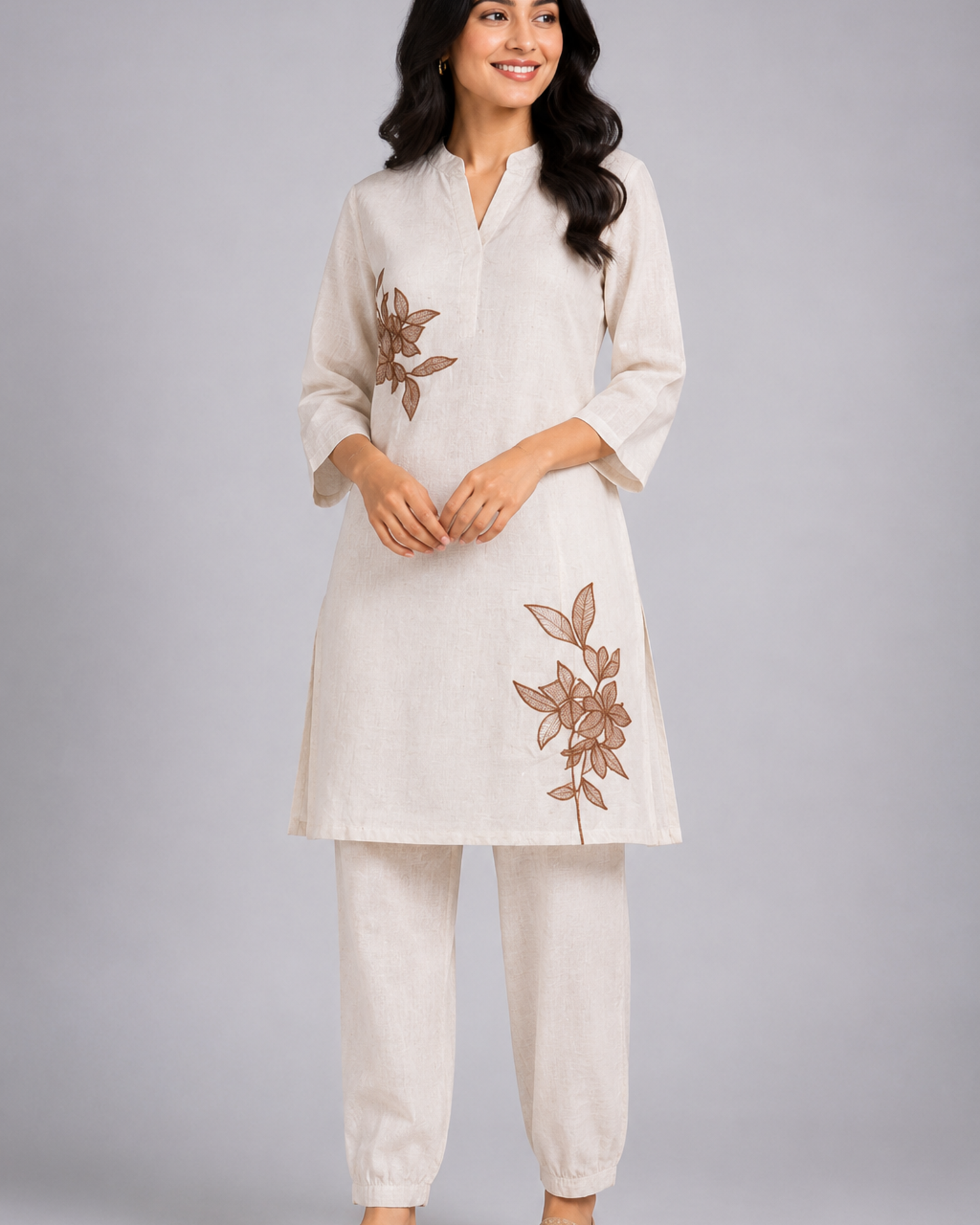 Women Beige Floral Embroidered Kurti with Pants Set