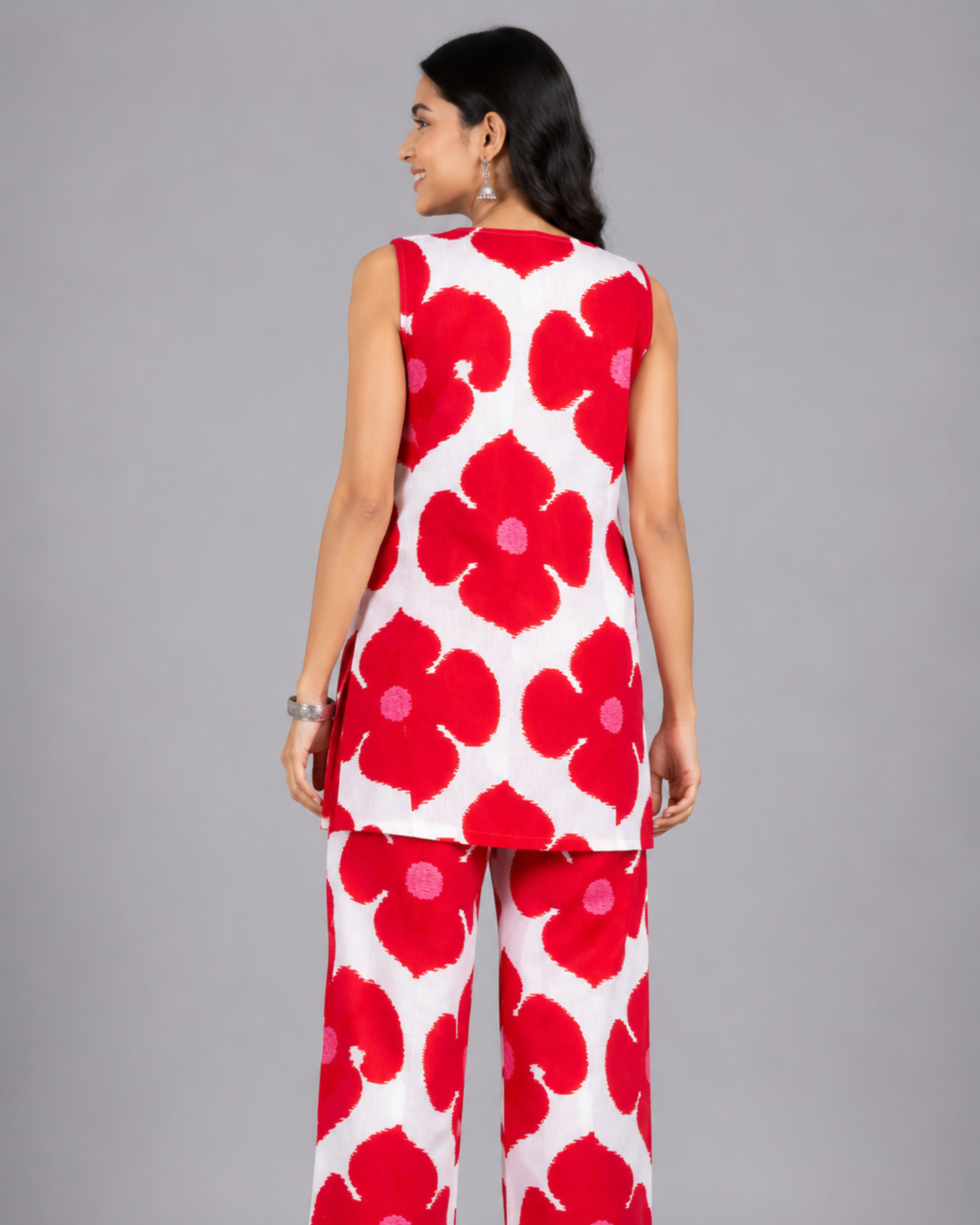Women Coral Red Abstract Floral Printed Coord Set