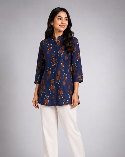 Women Navy Blue Floral Printed Straight Kurti