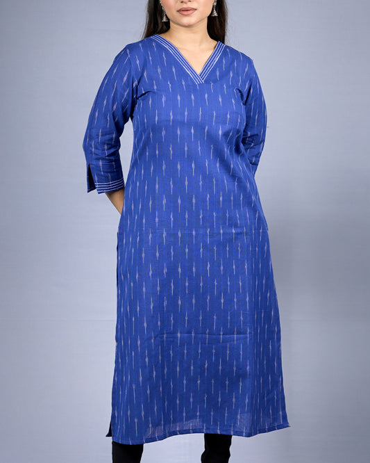 Women Royal Blue Ikat Stripe V-Neck Kurti