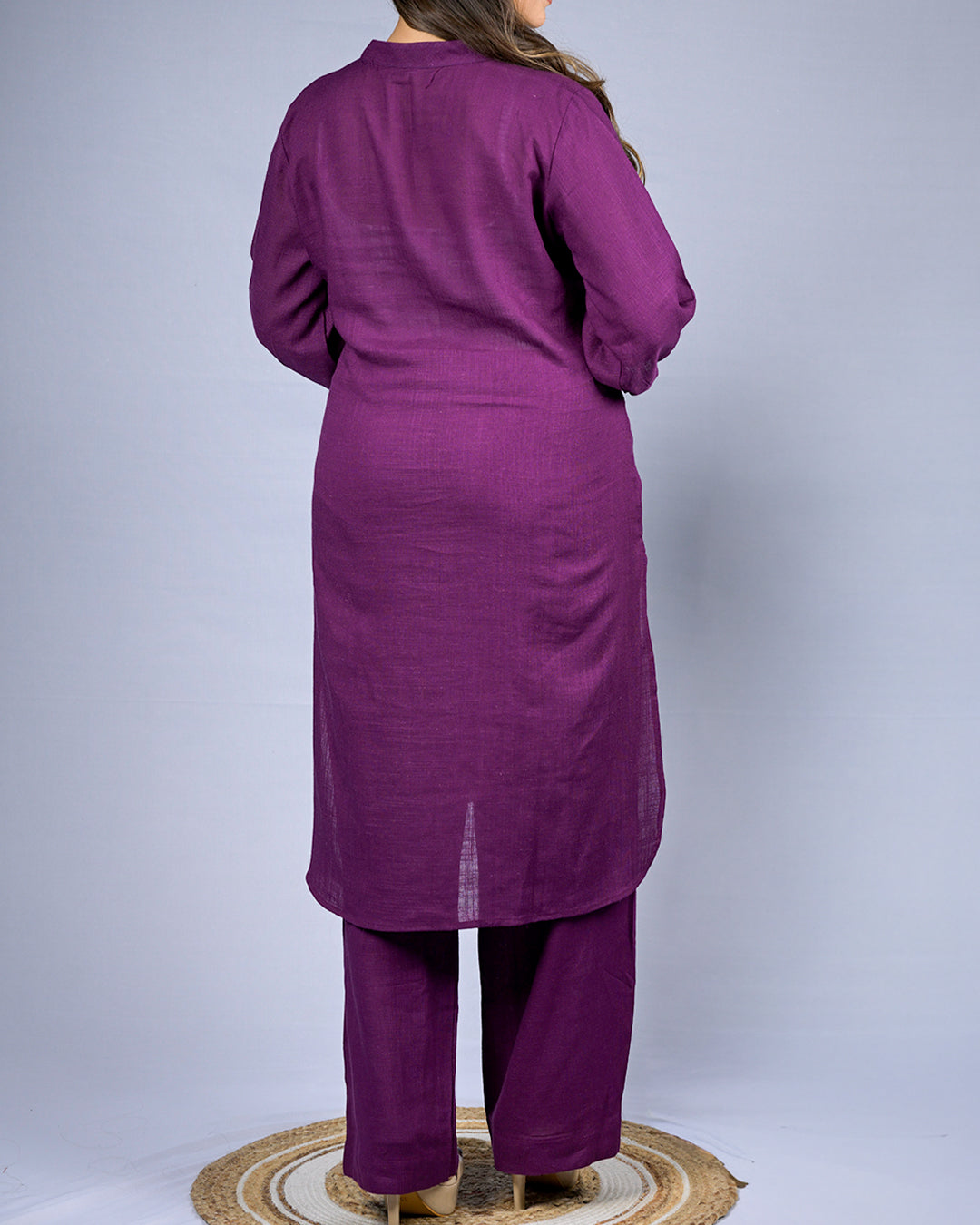 Women Solid Purple Mandarin Collar Coord Set