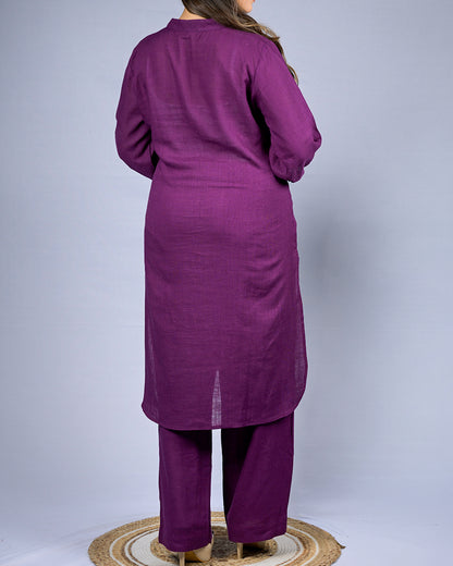 Women Solid Purple Mandarin Collar Coord Set