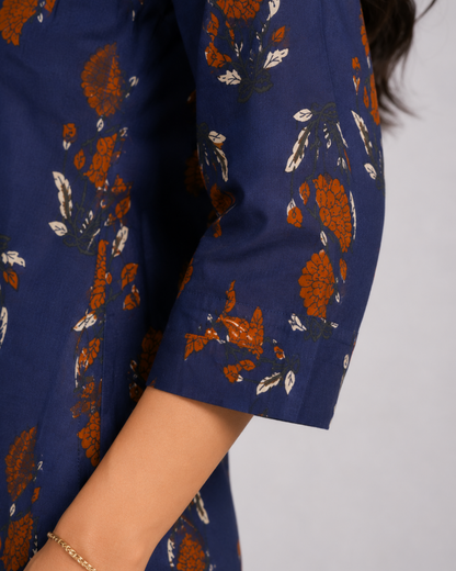Women Navy Blue Floral Printed Straight Kurti
