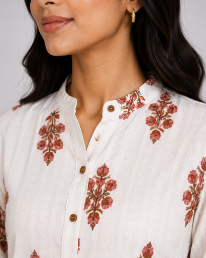 Women Off White Floral Printed Shirt Kurti with Pants