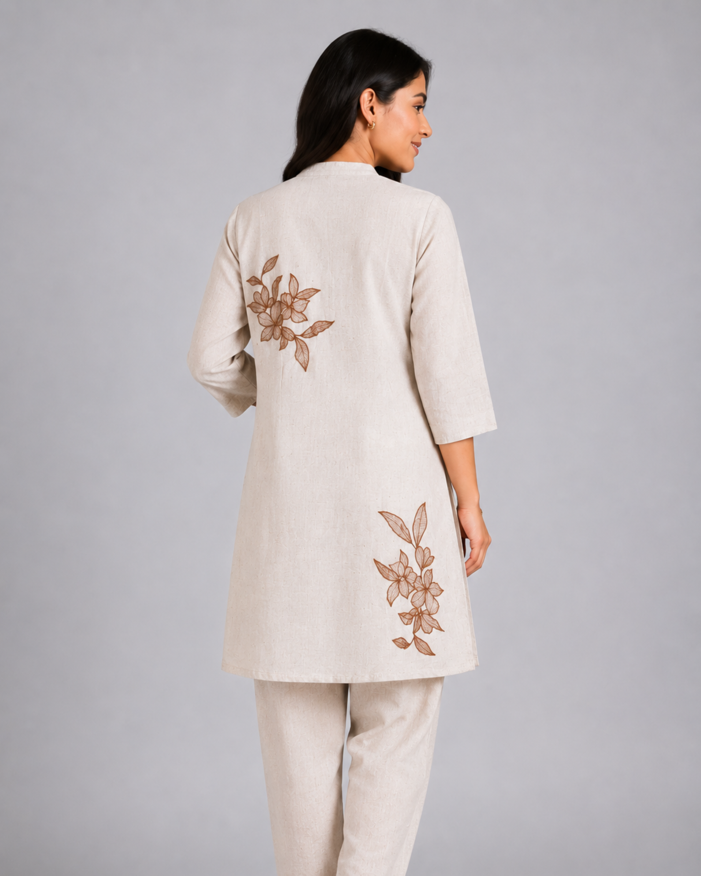 Women Beige Floral Embroidered Kurti with Pants Set
