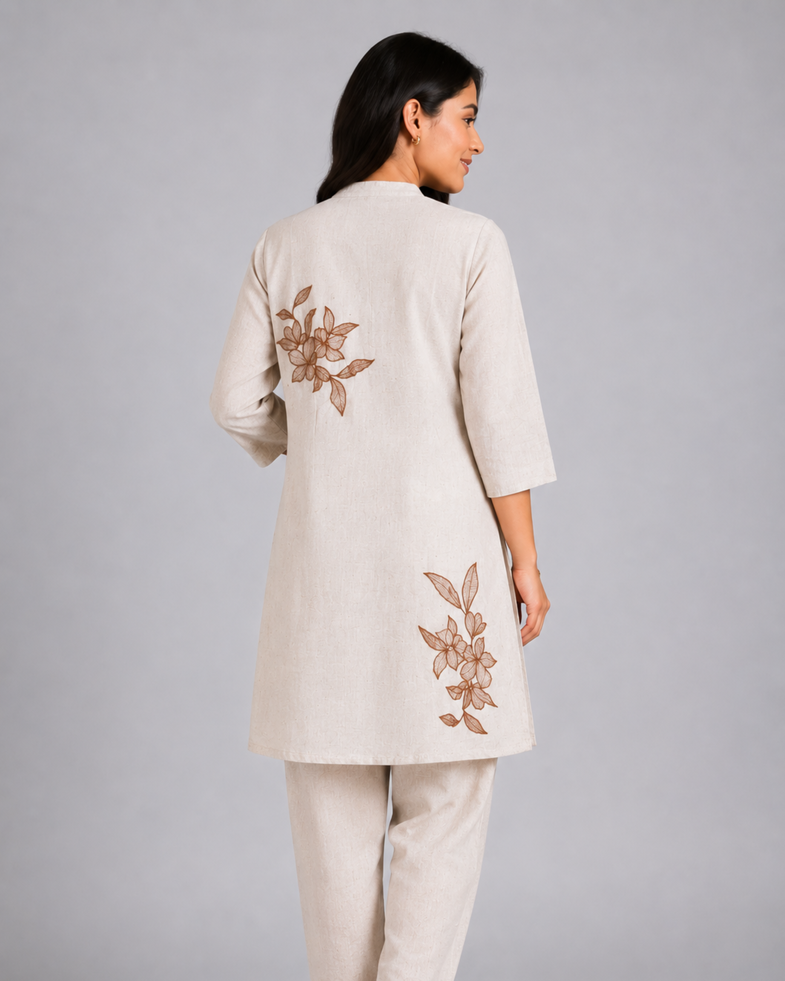Beige Floral Kurti Set