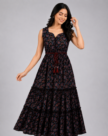 Women Black Floral Printed Tiered Maxi Dress