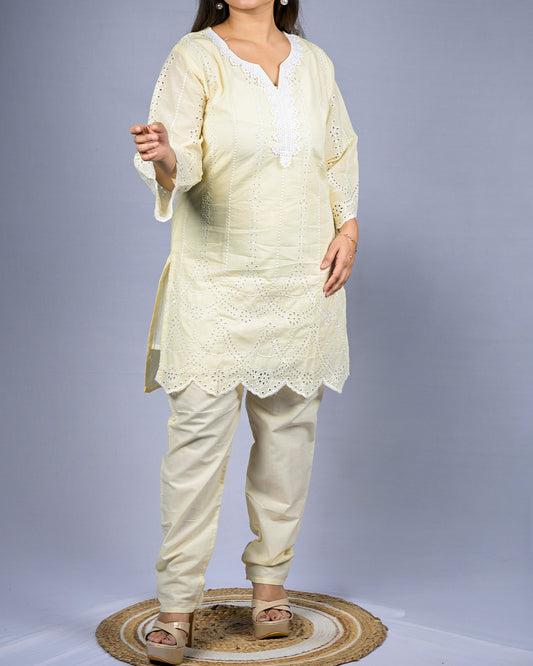 Women Cream Embroidered Lace Kurti