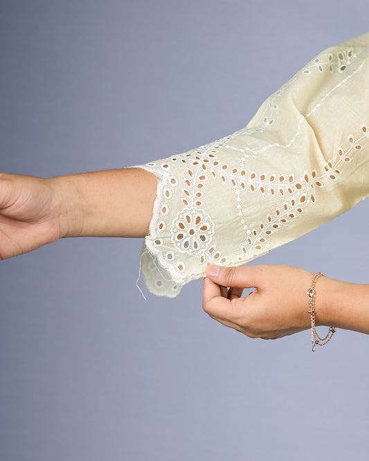 Women Cream Embroidered Lace Kurti