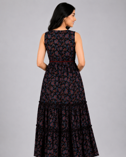 Women Black Floral Printed Tiered Maxi Dress