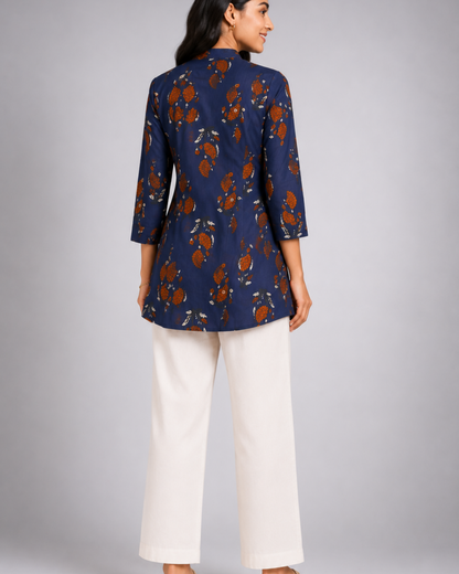 Women Navy Blue Floral Printed Straight Kurti