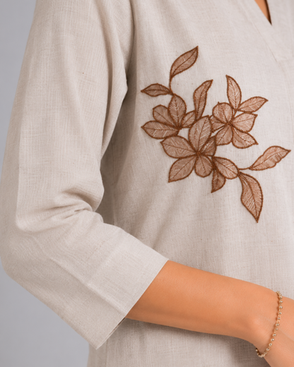 Women Beige Floral Embroidered Kurti with Pants Set