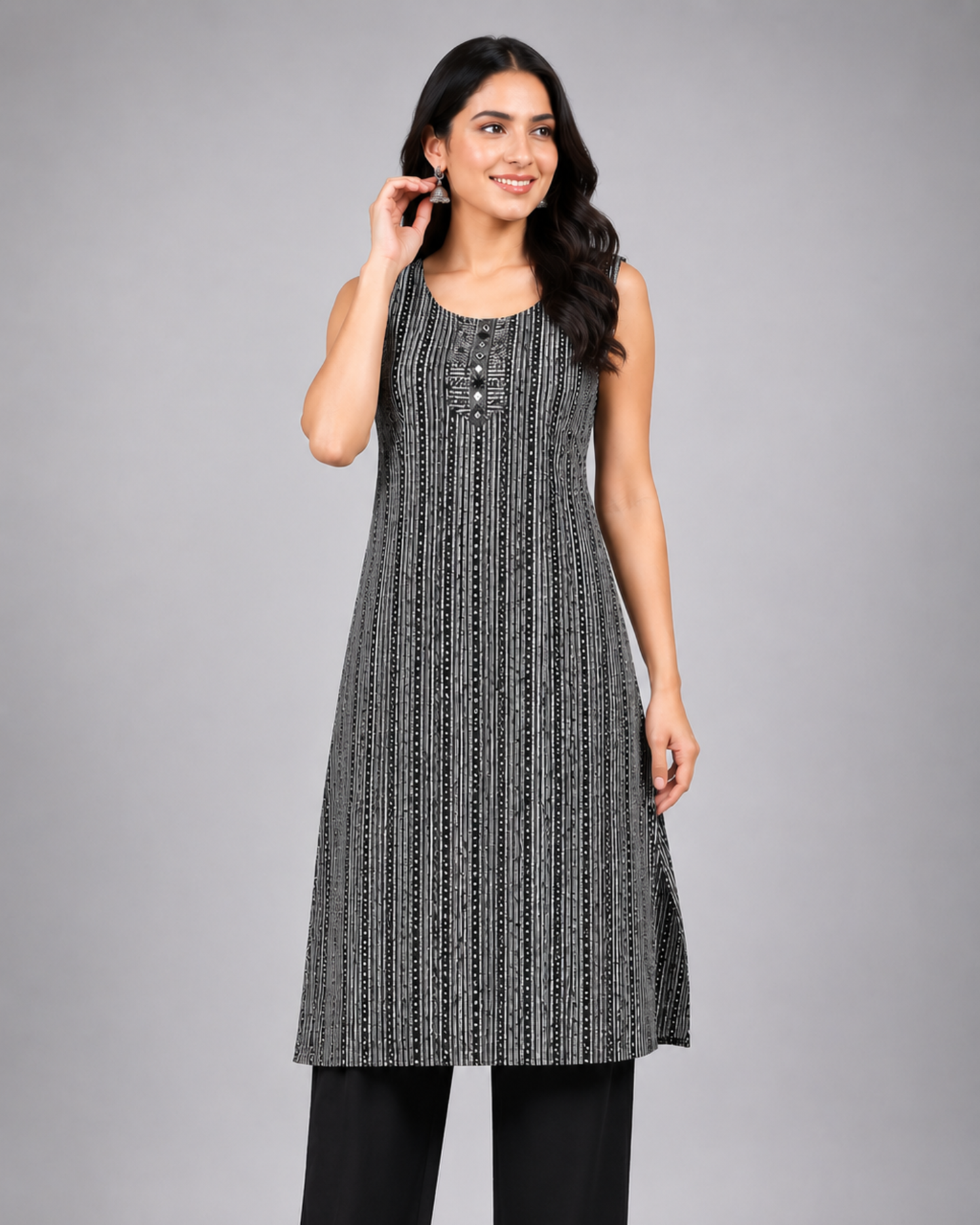 Women Black & White Printed Straight Kurti