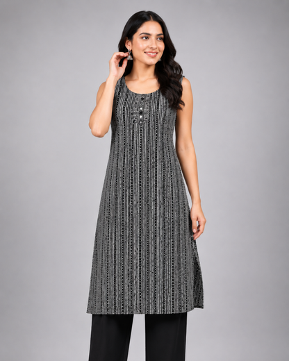 Women Black & White Printed Straight Kurti