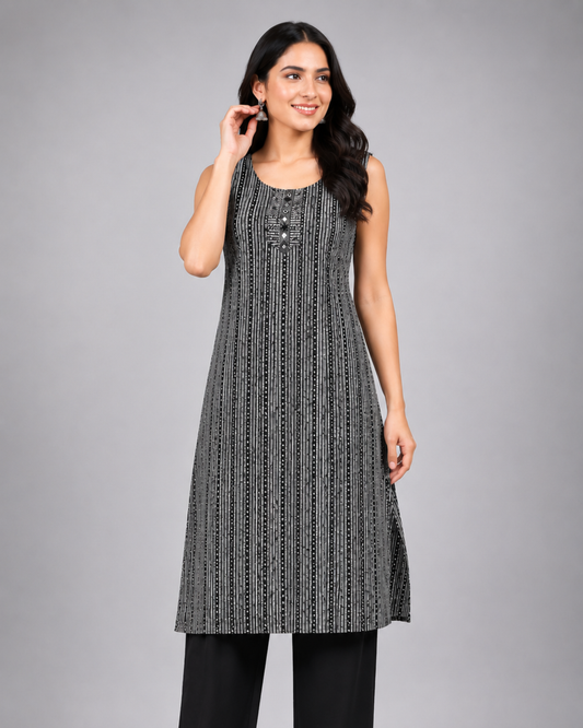 Women Black & White Printed Straight Kurti