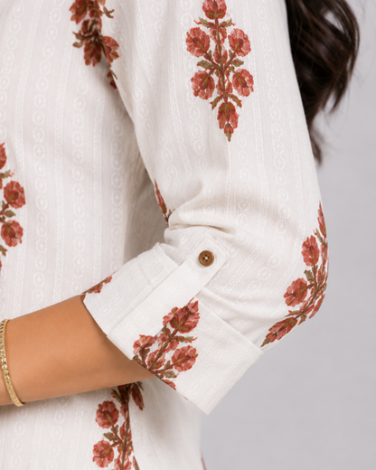 Women Off White Floral Printed Shirt Kurti with Pants