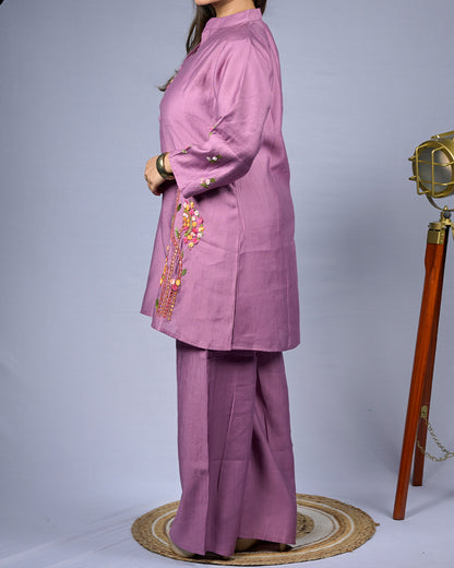 Women Mauve Floral Embroidered Coord set