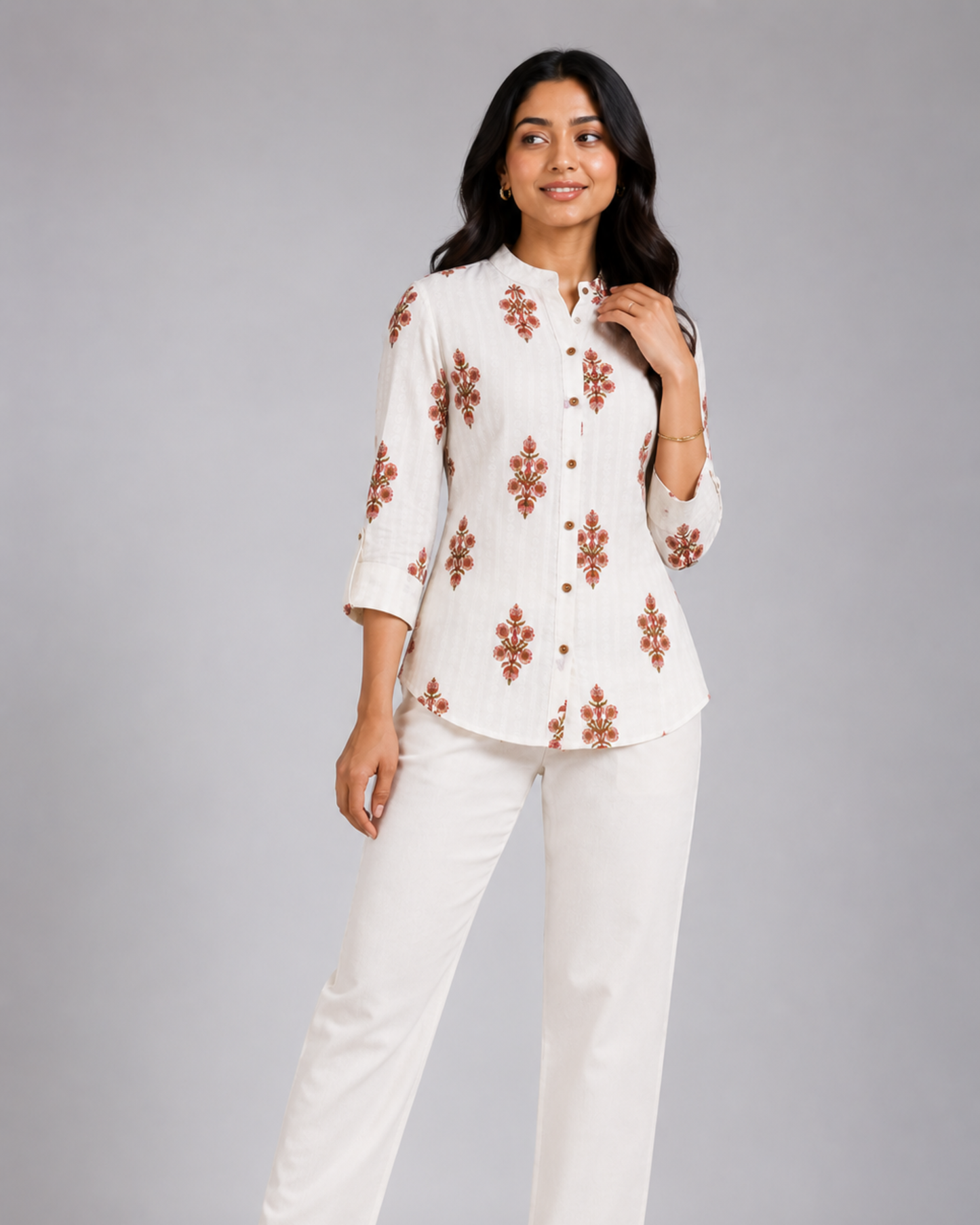 Women Off White Floral Printed Shirt Kurti with Pants