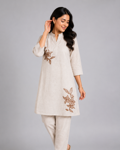 Women Beige Floral Embroidered Kurti with Pants Set