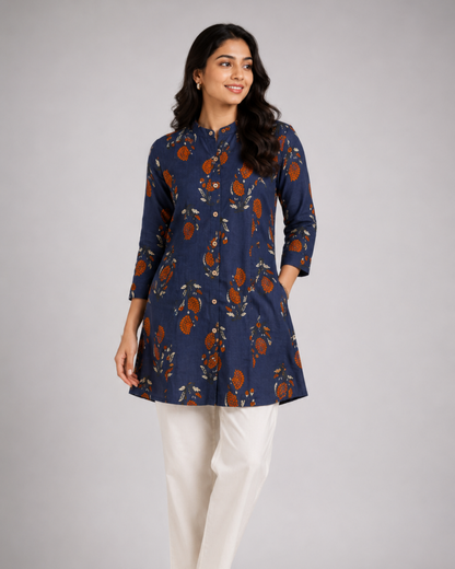 Women Navy Blue Floral Printed Straight Kurti