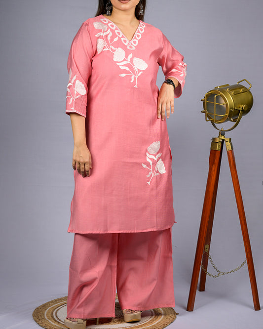 Women Pink Floral Embroidered Coord Set