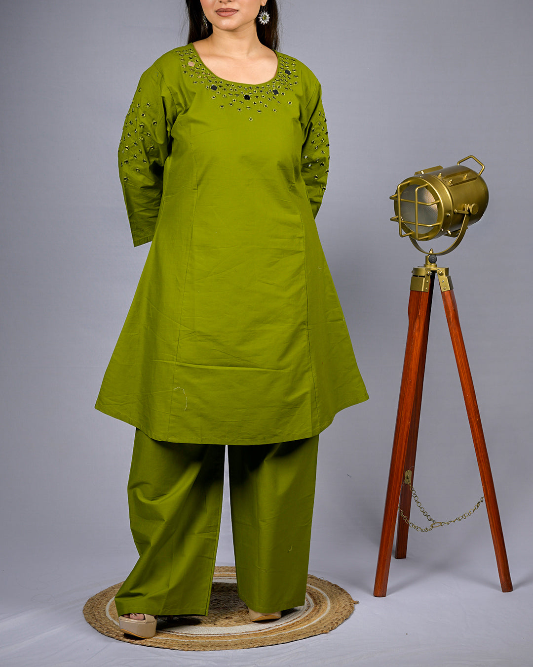 Women Lime Green Mirror Work Kurti