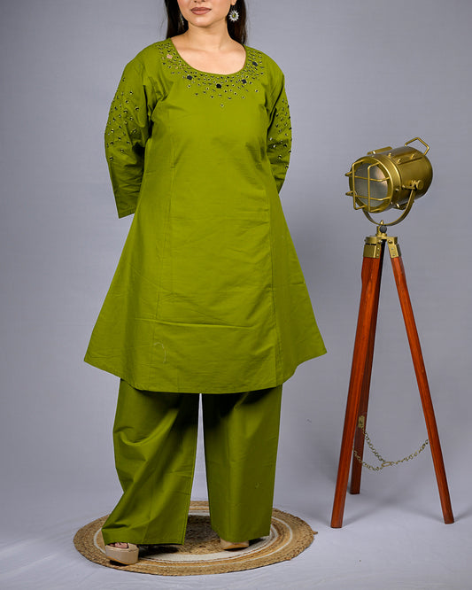 Women Lime Green Mirror Work Kurti