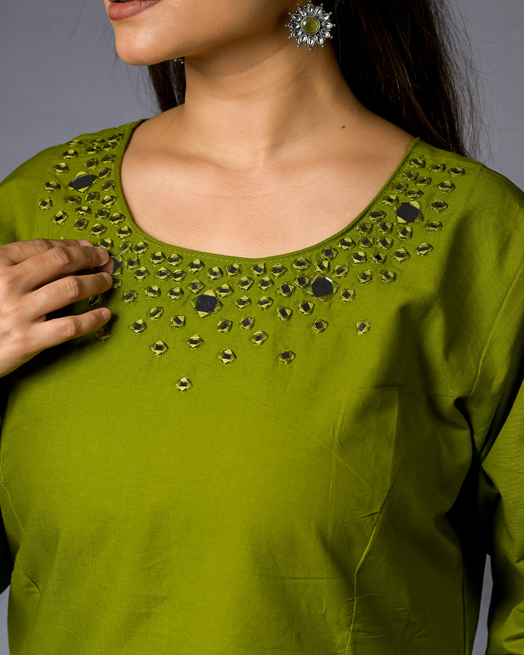 Women Lime Green Mirror Work Kurti Pant Set