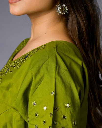 Women Lime Green Mirror Work Kurti Pant Set
