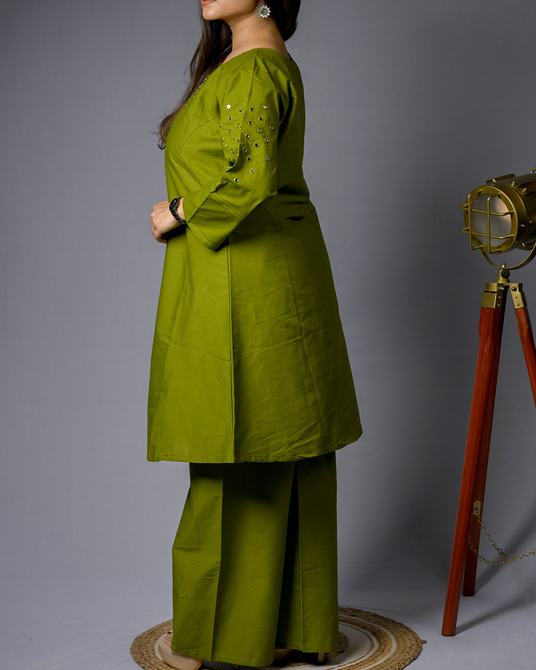 Women Lime Green Mirror Work Kurti