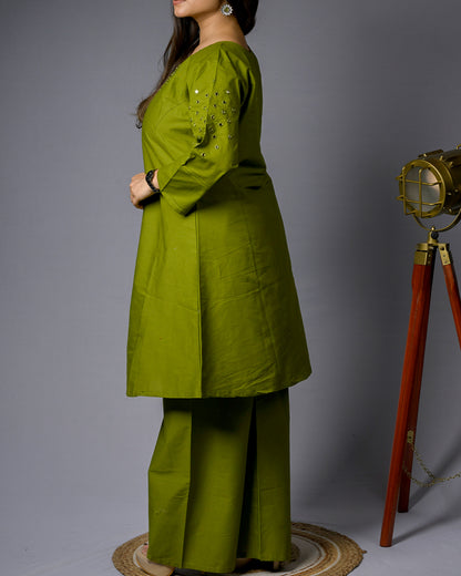 Women Lime Green Mirror Work Kurti
