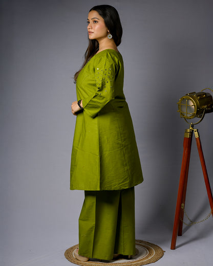 Women Lime Green Mirror Work Kurti Pant Set