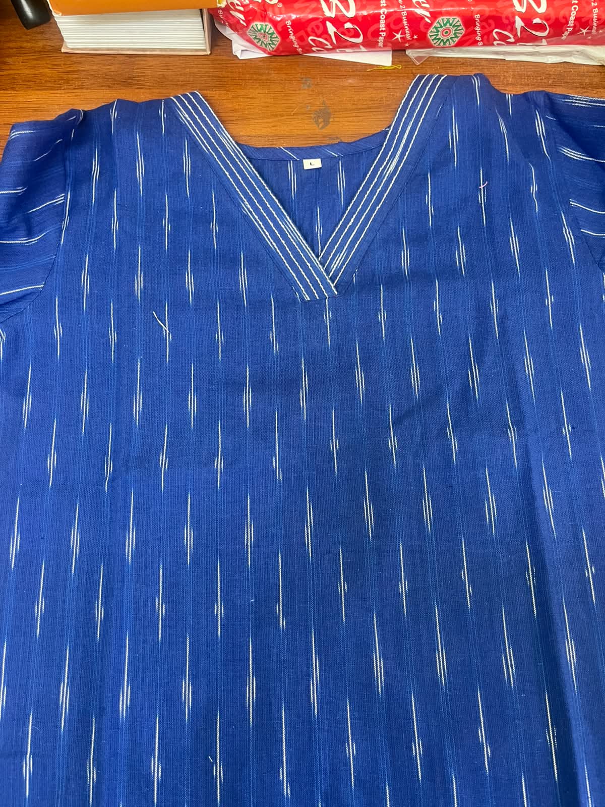 Women Royal Blue Ikat Stripe V-Neck Kurti