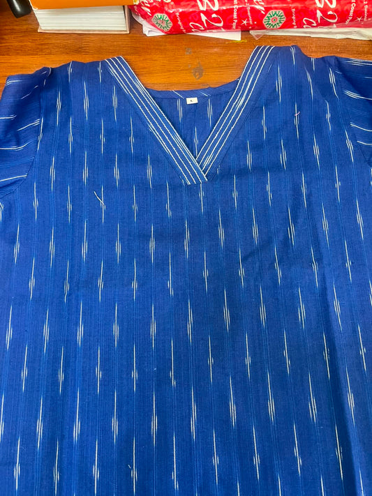 Women Royal Blue Ikat Stripe V-Neck Kurti