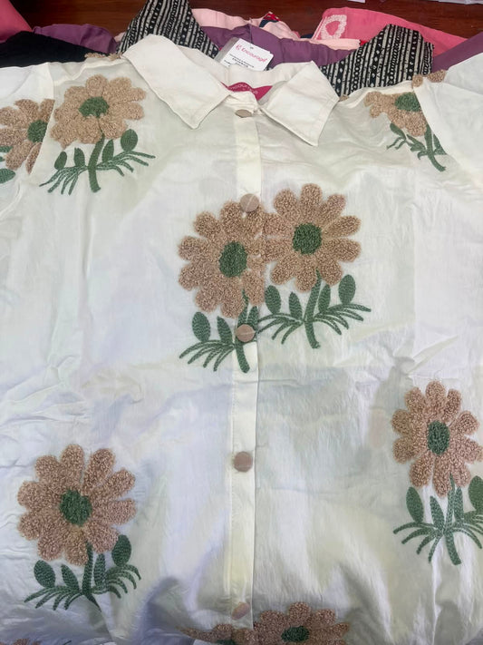 Women Off White Floral Embroidered Shirt Kurti