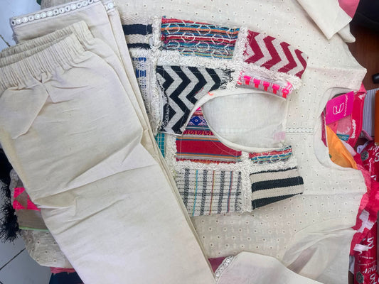 Women Off White Patchwork Kurti Pant Set